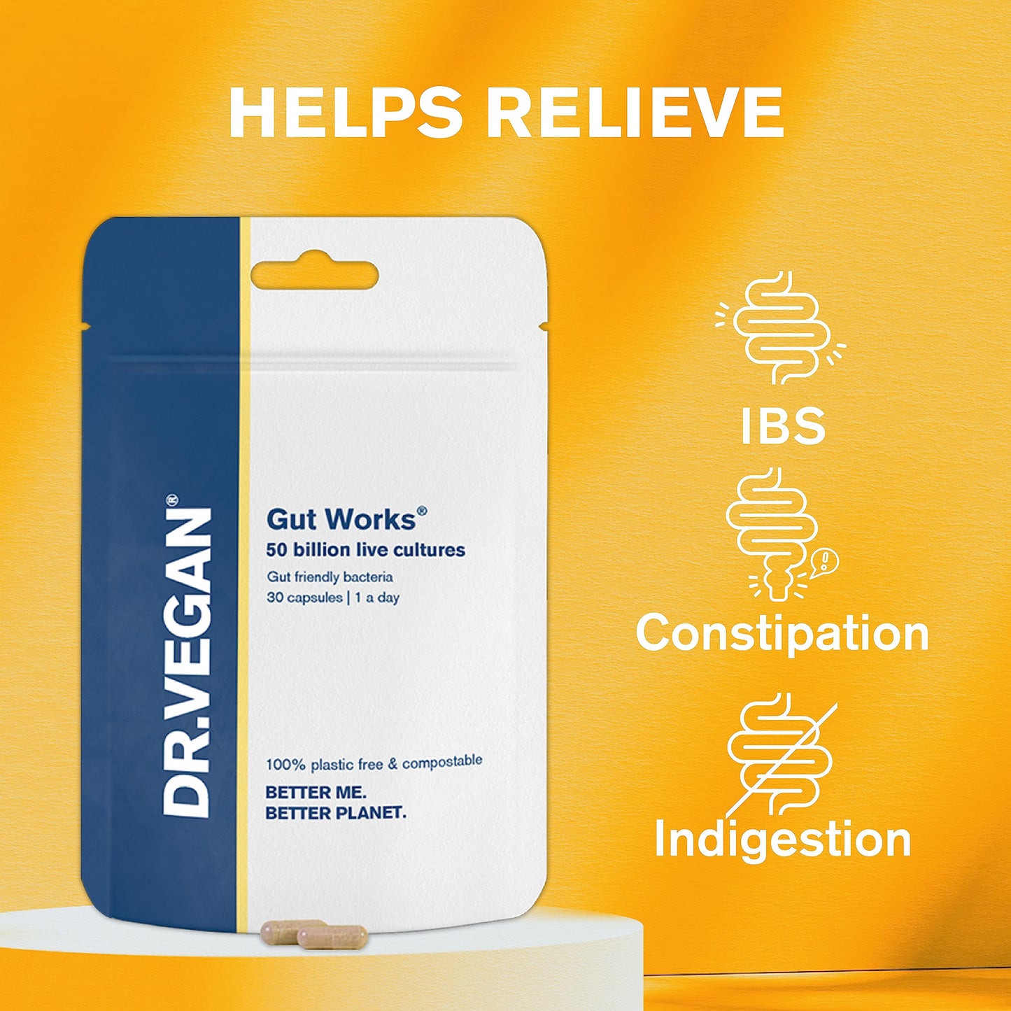 Gut Works® | 6 Prebiotics and Probiotic Strains | 50 Billion CFU Bacteria Live Cultures | Daily Support for Gut Health | 30 Vegan Capsules | One-A-Day | DR.Vegan