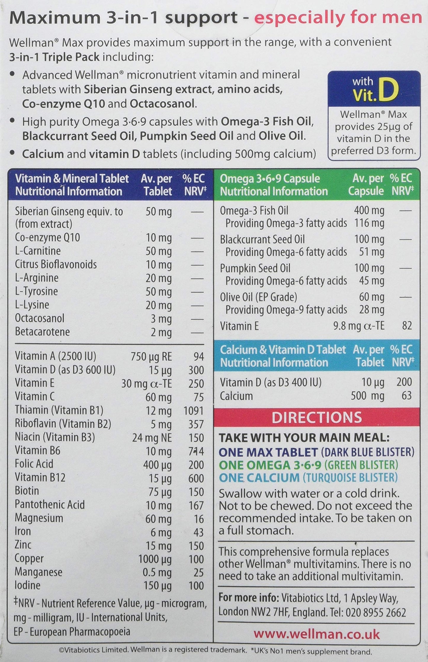 Wellman Max - Maximum Strength Multivitamin Formula Mix with Support for energy, immune system, testosterone level, bone health, brain health,heart health and vision health, 84 Tablets by Vitabiotics