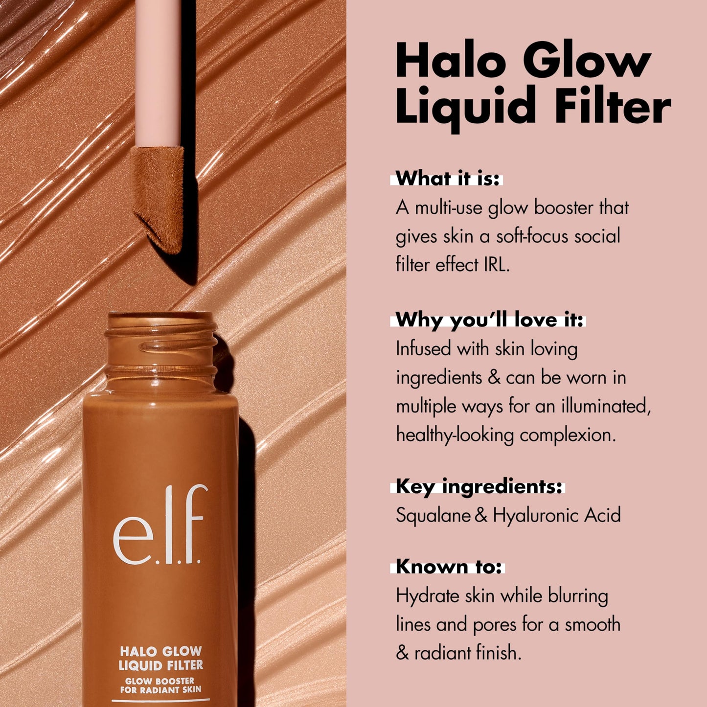 e.l.f. Halo Glow Liquid Filter, Complexion Booster For A Glowing, Soft-Focus Look, Infused With Hyaluronic Acid, Vegan & Cruelty-Free, 5 Medium - Tan