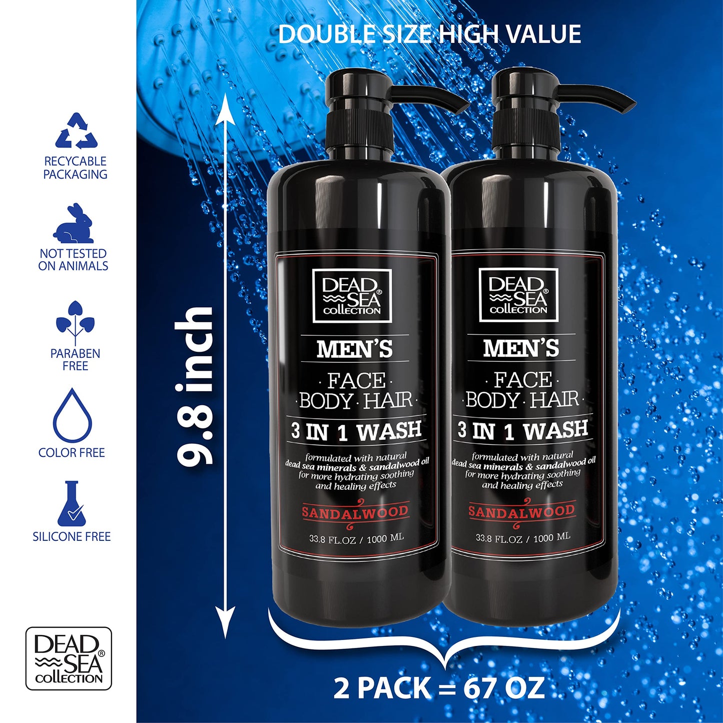 Dead Sea Collection Mens Shower Gel 3 in 1 with Sandalwood Oil and Dead Sea Salt - Body Wash, Shampoo for Men, Face Wash - Pack of 2 (1000 ml. each)
