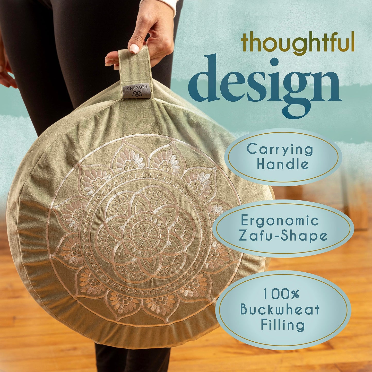 Florensi Meditation Cushion - Comfortable Floor Pillow - Traditional Tibetan Meditation Pillow & Bench with Beautiful Velvet Cover - Large Floor Cushion Seating for Adults - Yoga Buckwheat Bolster