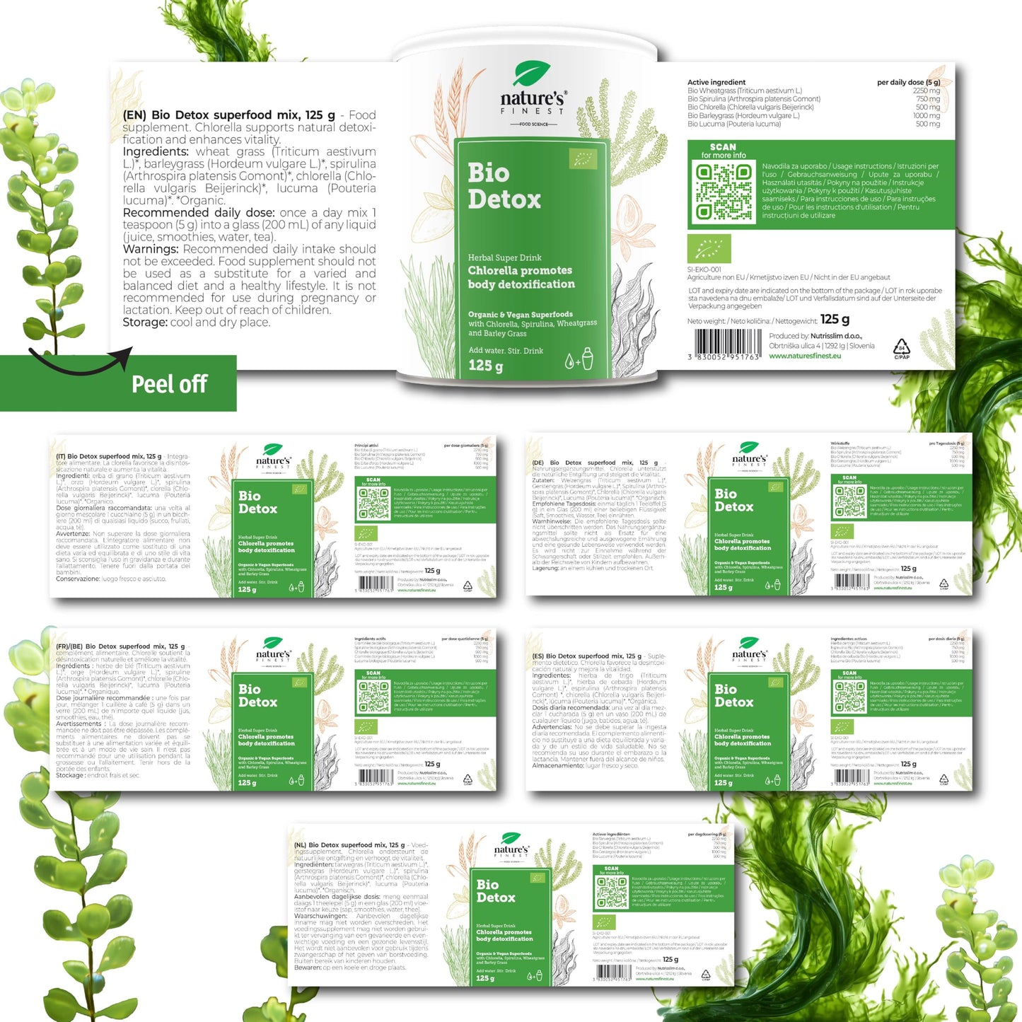 Nature's Finest by Nutrisslim Bio Detox Mix with Wheatgrass, Chlorella & Spirulina - Natural Detox Drink for Body Cleanse, Gut Health & Colon Cleanse - High Fibre & Protein Content - 250 g, Vegan