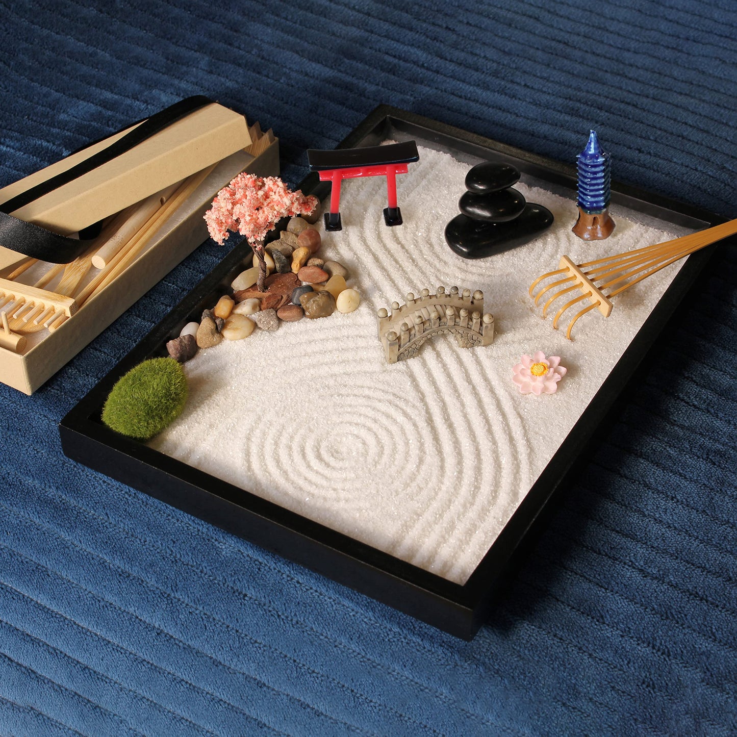 Island Falls Home Zen Garden Kit 11x8 Beautiful Premium Japanese Mini Sand Garden Meditation Gift Set for Home & Office Desk Accessories. Zen Sand, 6 Tools, 15 Features. Mindfulness Gifts Decor Women