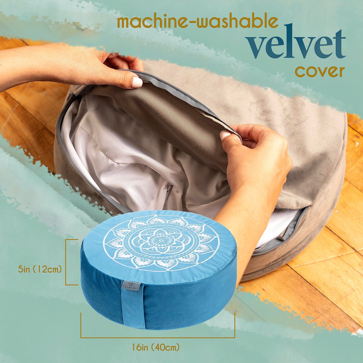 Florensi Meditation Cushion - Comfortable Floor Pillow - Traditional Tibetan Meditation Pillow & Bench with Beautiful Velvet Cover - Large Floor Cushion Seating for Adults - Yoga Buckwheat Bolster