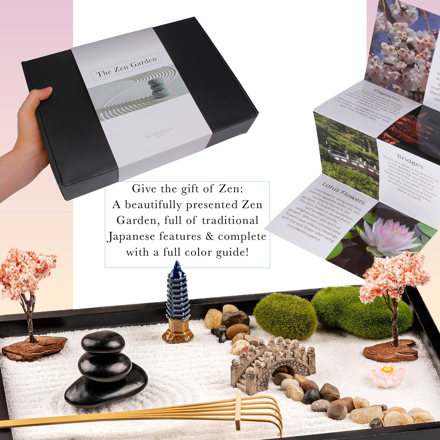 Island Falls Home Zen Garden Kit 11x8 Beautiful Premium Japanese Mini Sand Garden Meditation Gift Set for Home & Office Desk Accessories. Zen Sand, 6 Tools, 15 Features. Mindfulness Gifts Decor Women
