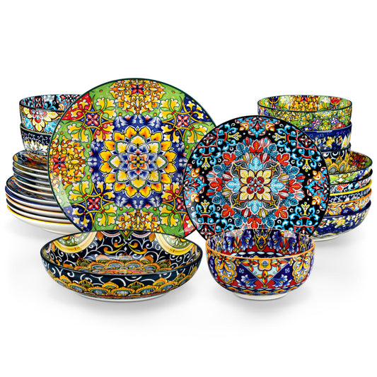 vancasso SIMI Dinner Set- 24 Pieces for 6 People, Porcelain Plates and Bowls Set, Bohemian Style Dinnerware Sets, Scratch Resistant Dinner Service Set, Dishwasher and Microwave Safe