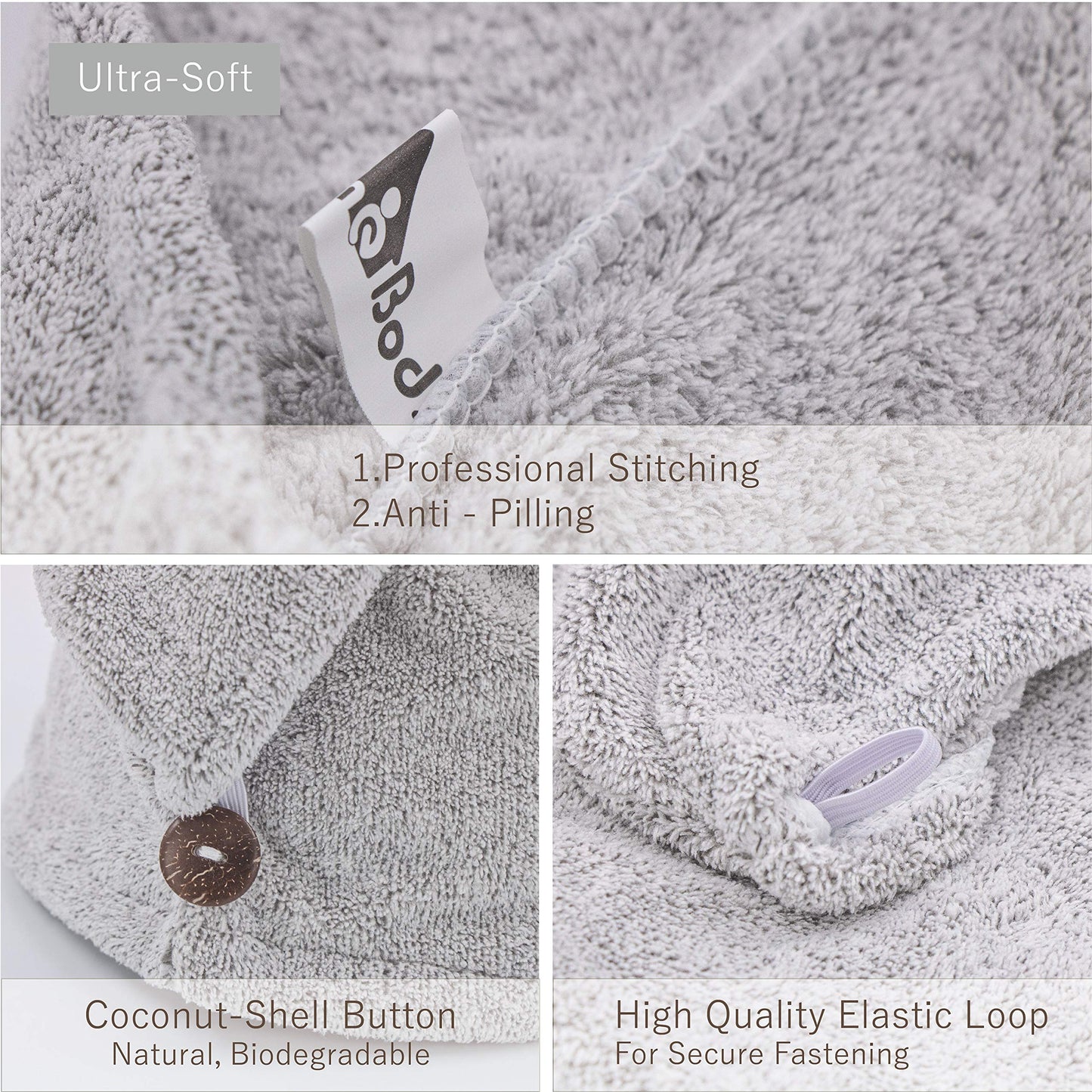 myHomeBody Hair Towel Wrap, Luxury Rapid-Dry Hair-Drying Turban, Ultra Soft and Quick Drying Absorbent Charcoal Fiber, with Coconut Shell Button - Gray