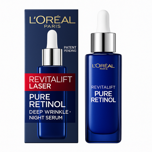 L'Oréal Paris Pure Retinol Serum – Revitalift Laser Anti-Wrinkle Night Serum + Hydra Genius Moisturiser Sachets (30ml + 3x3ml)