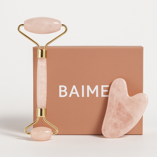 BAIMEI Gua Sha & Jade Roller – Rose Quartz Facial Tool Set for Face, Neck & Eye Massage